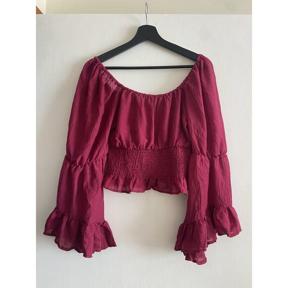Women's Hint of Blush Peasant Crop Top Medium Burgundy Long Sleeve Romantic - Picture 2 of 6